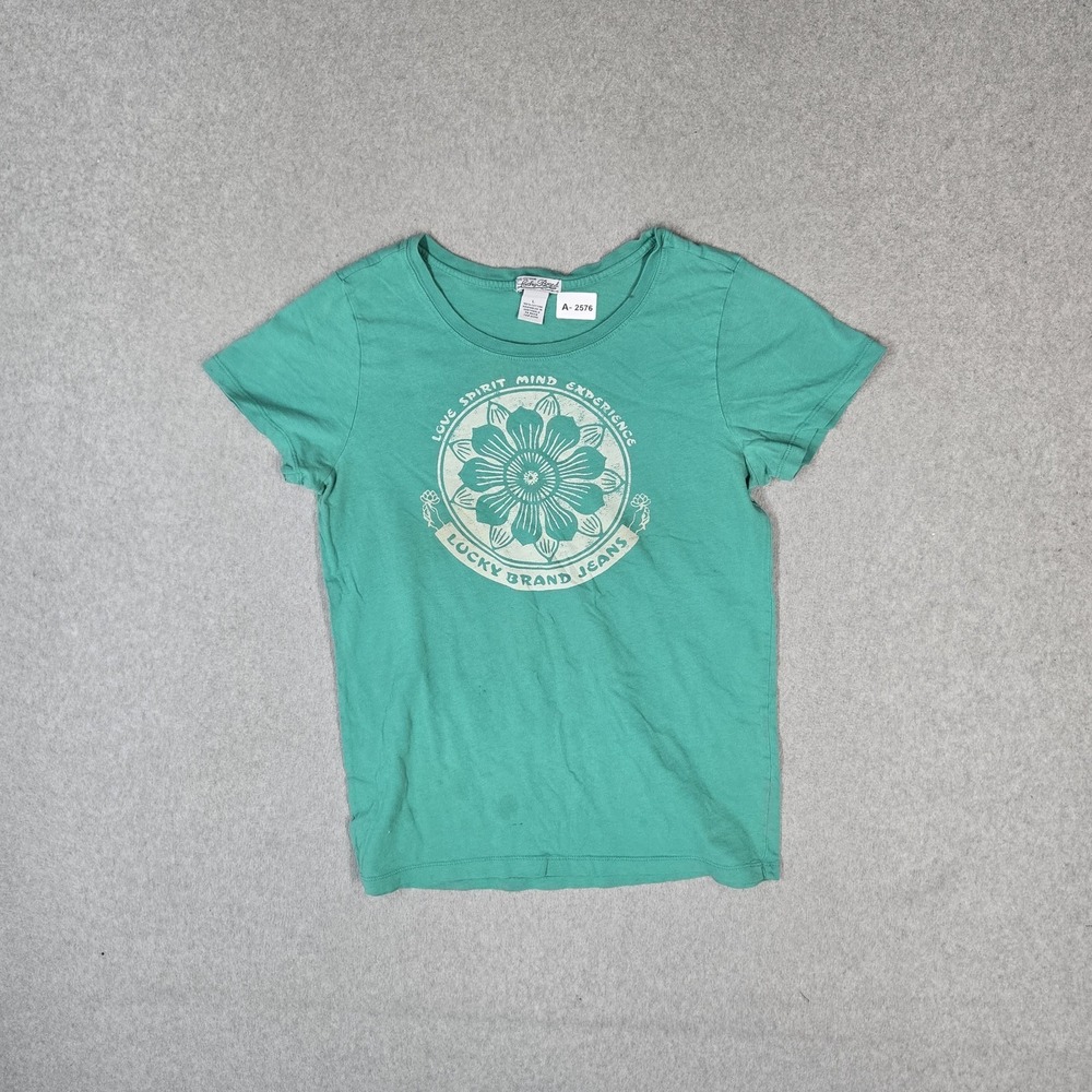 Lucky Brand Women Shirt L Green Flower Love Spirit Mind Experience Tee READ